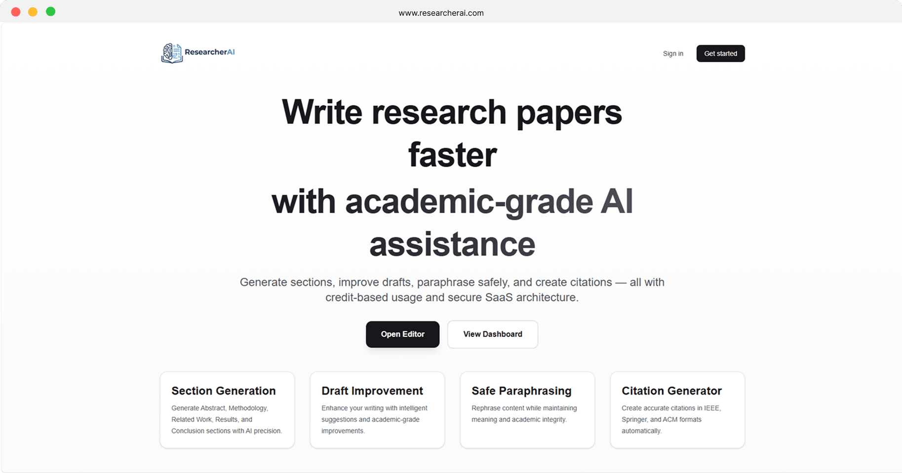 ResearcherAI landing page: 'Write research papers faster with academic-grade AI assistance' with four tool cards